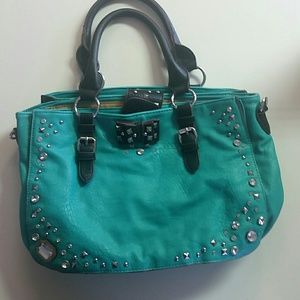 Teal dark brown studded rhinestone leather purse